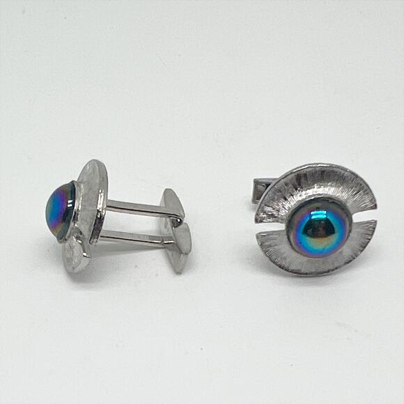 🎁 Vintage Silver Tone Round Design Iridescent Stone Cufflinks Menswear - Picture 2 of 5